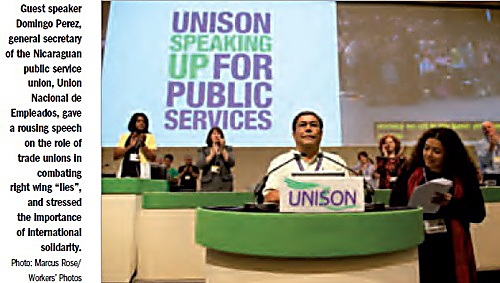 Domingo Perez pictured receiving a standing ovation after addressing the UNISON Local Government conference in Manchester. Credit: UNISON National Newsletter, July 2011.