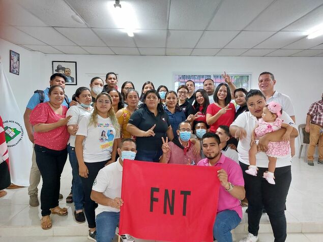 Members of the National Workers Front (FNT), Nicaragua's main trade union confederation, celebrate the FNT's 32nd anniversary, April 2022